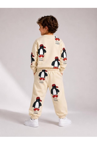 Eray Alp Kids Unisex Çocuk Ekru Penguen Desenli Eşofman Takımı Günlük Rahat Kombin Bej