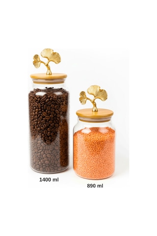 2 Li Altın Metal Ginkgo Figürlü Bambu Kapaklı Cam Kavanoz Saklama Kabı 1400ml + 890 Ml Şeffaf