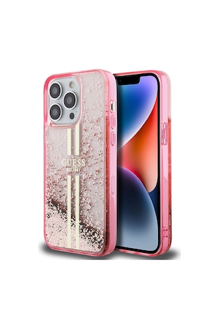 Apple Uyumlu iPhone 14 Pro Max Kılıf Guess Lisanslı Transparan Sıvılı Simli Altın Çizgili Kapak Pembe