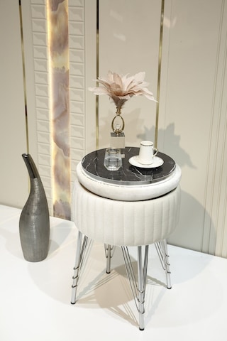 Bianco Metal Ayaklı Puflu Zigon Sehpa Krom Kırık Beyaz Chrome Off White