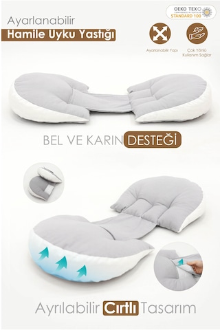 Hamile Uyku Yastığı , Ayarlanabilir, Bel , Emzirme Ve Oturma Destek Yastığı Gri