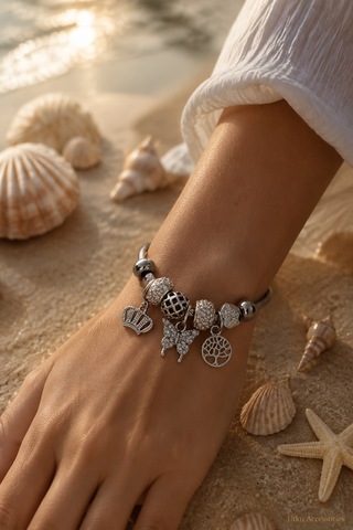 Stainless Steel Charm Taşlı Çelik Bileklik Gümüş