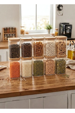 10 Lu Bambu Desenli Erzak Saklama Kabı Seti - Hava Almaz Sızdırmaz Vakumlu 1,65 L Bakliyat Şefaf Bambu