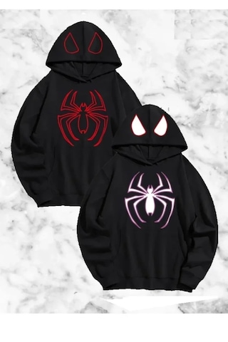Modi Sevgili Çift Kombini Örümcek Baskılı Kapüşonlu Sweatshirt Hoodie - Siyah Açık Siyah