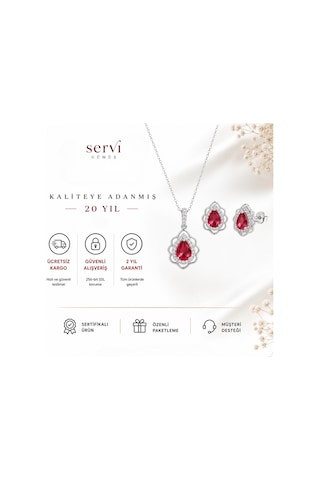 Servi 925 Ayar Gümüş Kırmızı Zirkon Taşlı Lotus Damla Kolye Ve Küpe Seti-473