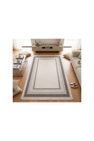 Merinos Vista Beyaz Renk Gri Çerçeveli %100 Akrilik Yumuşak Dokulu Salon Oturma Odası Halısı 76588-95