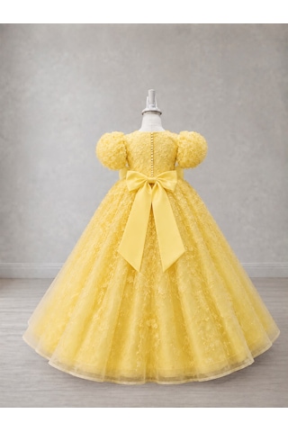 Star Kids Fashion Kız Çocuk Sarı Prenses Elbisesi Çiçek İşlemeli Kabarık Tül Uzun Abiye Doğum Günü Özel Gün Elbisesi