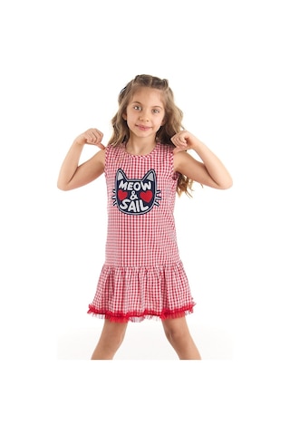 Denokids Mushi Denizci Kedi Kız Elbise Kırmızı