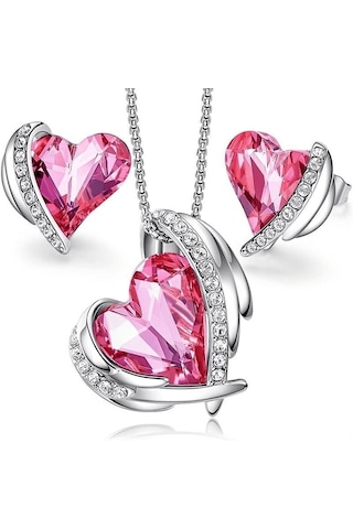 Trend Renkli Taşlı, Zirkon Taş İşlemeli Kalp Takı Seti Kolye Küpe , Yeni Yıl, Fuşya