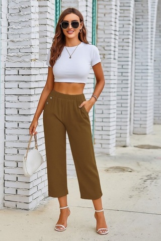 Simala Kadın Beli Lastikli Düğme Ve Cep Detaylı Kapri Ithal Keten Pantolon Hardal