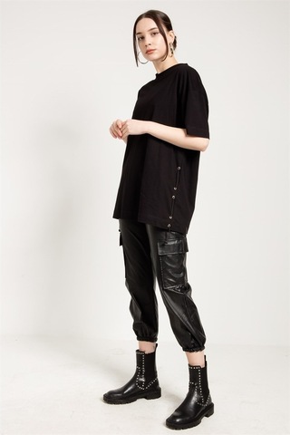 Jahr Marc Yanları Lastikli Oversize Siyah T-Shirt Elbise