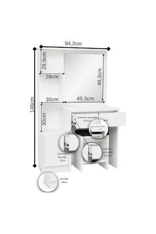 AE-4002 Novella Puflu Aynalı Makyaj Masası, Dolaplı, Çekmeceli, Raflı, Beyaz, Minderli, Tuvalet