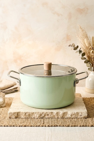 Titan Cook Ahşap Kulplu,paslanmaz Saplı Su Yeşili Süzgeçli Emaye Kızartma Tenceresi 22 Cm Su Yeşili