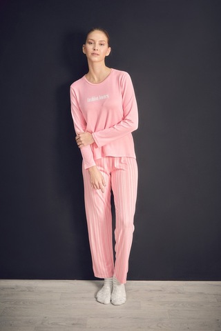 Fullamoda Yazı Baskılı Bisiklet Yaka 2 Li Pijama Takımı 24mıcg631216541-pembe Pembe
