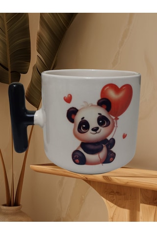 Sevimi Kalpli Panda Çift Taraf Baskılı T Kupa Bardak Siyah T