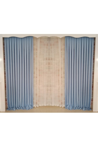 Bebe Mavisi Renk Fon Kadife Perde Çift Kanat 1/3 Sık Pileli Dikim V-32 Bebek Mavisi