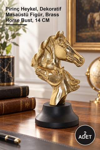 2 Adet At Büstü Pirinç Heykel, Dekoratif Masaüstü Figür, Brass Horse Bust, 14 Cm 1