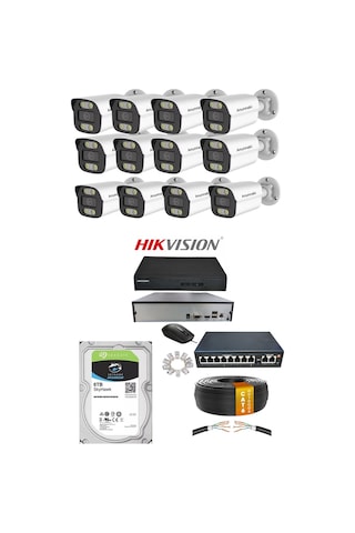12'li 5mp Ip Kamera Seti Poe Hikvision Nvr İç/dış Mekan Gece Görüş Ses Kayıt Mobil İzleme 6tb Hdd Full Set