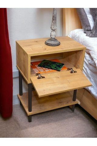 Yüksek Kalite Komodin Başucu Yan Sehpa Düşer Kapaklı Koltuk Sehpası Çok Amaçlı Ayaklı Raf Safir Meşe