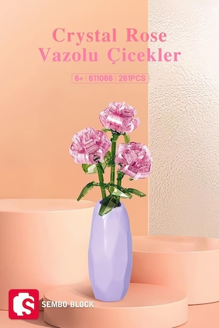 Crystal Rose Vazolu Dekoratif Güller 261 Parça Yapı Blokları ile Uyumlu 611066