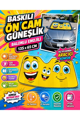 Baskılı Ön Cam Güneşlik Balonlu Emojili 135x65cm Görsel Afiş 135x65 Cm