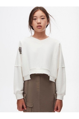 Kız Çocuk Pamuklu Triko Kumaş Karışımlı Sweathirt-14720 Ekru