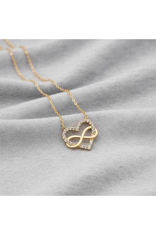 925 Ayar Gümüş Taşlı Sonsuzluk Ve Kalp Kolye Gold