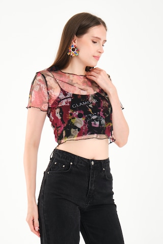 By Papi Baskılı Tül Crop Pembe