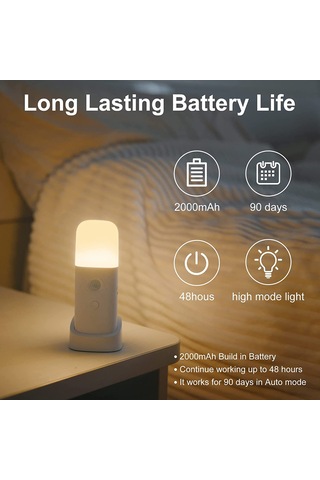 Neevoyu Usb Şarjlı Akıllı İnsan Algılama Led Gece Lambası - 5 Seviye Parlaklık Ayarlı, 6m Algılama Mesafesi, 2000mah Pil, Sarı Işık, Duvar & Masa Üstü Kullanıma Uygun