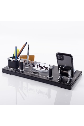 Madrid Ofis Masa İsimliği Siyah Deri Masaüstü İsimlik Seti