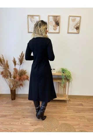 Nnstartshopping Kadın Uzun Kollu Balıkçı Yaka Omuzda Damla Detaylı Yırtmaçlı Krep Midi Elbise Siyah