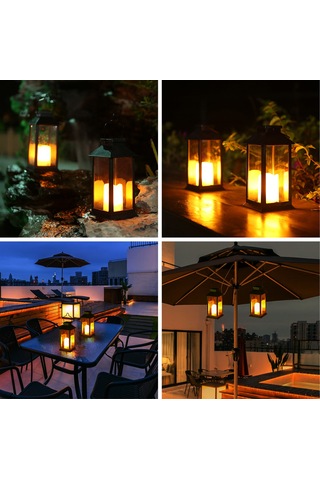 Xindoker 2 Adet Siyah Güneş Enerjili Fener Mum: Yumuşak Isık, Alevli Efekt, Otomatik Açılma, Balkon Bahçe Dekorasyonu