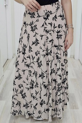 Bel Lastikli Flok Baskılı Kloş Şifon Etek 6003-siyah/pudra Siyah/pudra Siyah - Pudra