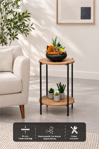 Arpelia Yuvarlak Tablalı İki Katlı Sehpa Q42x60 Cm Lava - Atlantik Çam