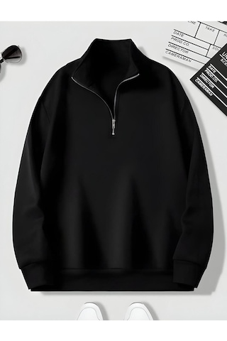 Harmandar Siyah Erkek Baskısız Dik Yaka Yarım Fermuarlı Düz Kazak Sweatshirt Siyah