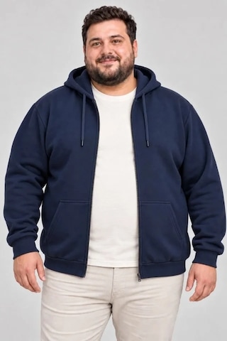 DefyModa Erkek Battal Büyük Beden Üç İplik İçi Şardonlu Kapüşonlu Tam Fermuarlı Kışlık Sweatshirt - Lacivert