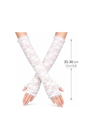 Veraura Lifestyle Uzun Zarif Dantel Eldiven Parmaksız Beyaz 35 Cm Standart