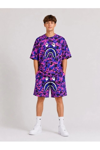Barlashive Erkek Çocuk Oversize Kalıp Pubg Bape X Shark Nakışlı Cepli Şort Takım - Mor Çok Renkli