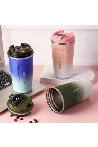 Jeemson 510ml Akıllı Sıcaklık Gösteren Paslanmaz Çelik Vakumlu Termos Bardak, 12 Saat Isı/sıcaklık Saklama, Dışarıdaki/sürücü Kullanıma Uygun, Damlacık Önlü Mavi Gradyan Beyaz