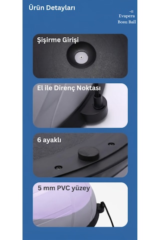 Evapera Modern Uluslararası Standartlarda Çift Renkli Denge Mobilite Pilates Bosu Ball Aleti Topu 58cm Gri-mavi
