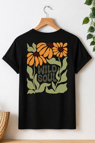 Spoyi Wild Soul Tasarımlı %100 Pamuk Yarım Oversize Siyah T-shirt