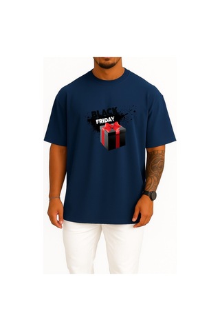 Bahriyeli Collection Oversize Black Friday - Kara Cuma Göğüs Tasarımlı Unisex T-shirt Lacivert