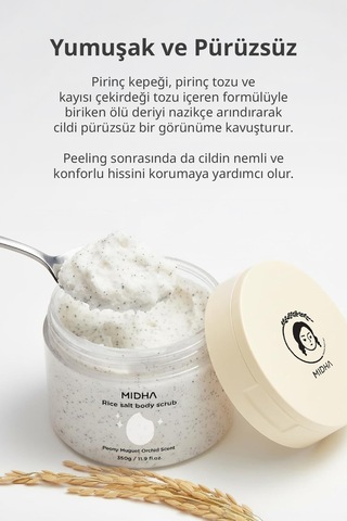 Midha Rice Salt Tuz ve Pirinç İçeren Arındırıcı Vücut Peeling 350 ML