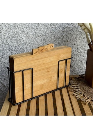 Tantitoni 4'lü, 28x18 Cm, Bambu, Standlı Kesme Tahtası, 4'lü Kesme Tahtası Siyah