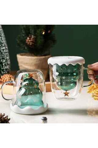 Geeroyoo Noel Hediye Cam Kupa: Korkuluklu, Kapaklı, Çift Katlı Isı Yalıtımlı, Kartoon Desenli, 300ml, Tatil Etkinlikleri İçin Yeşil