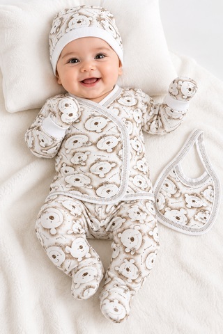 Hece Bebe %100 Pamuklu 5 Parça Yenidoğan Mutlu Ayıcık Desenli Hastane Çıkışı Seti Bebek Zıbın Takımı, Şapka, Önlük, Eldiven Ekru - Kahverengi