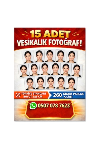 Rabsev 15 Adet Vesikalık Fotoğraf Baskı 5x6 Cm 260 Gram Parlak Kağıt