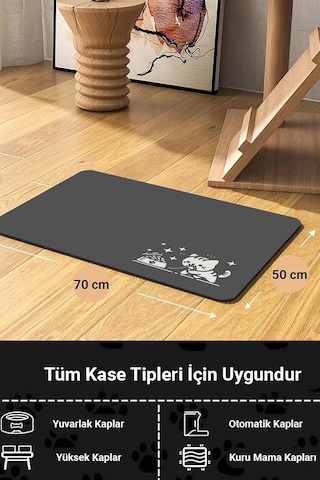 Matgo Pati Mama Çeken Kedi Gri Renk Beslenme Matı Kaymaz Sıvı Geçirmez Kedi Köpek Mama Paspası 50x70cm