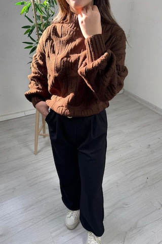 Explode - Kadın Kahve Yarım Boğazlı Örgülü Oversize Triko Kazak Kahverengi