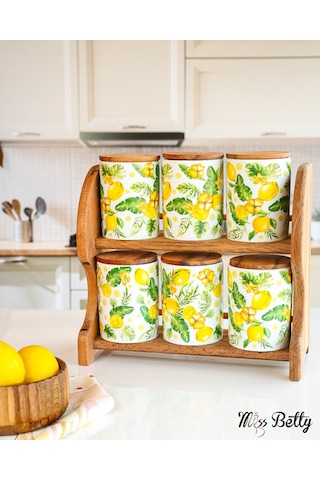 Citrus Ahşap Standlı 6'lı Porselen Baharatlık Sarı